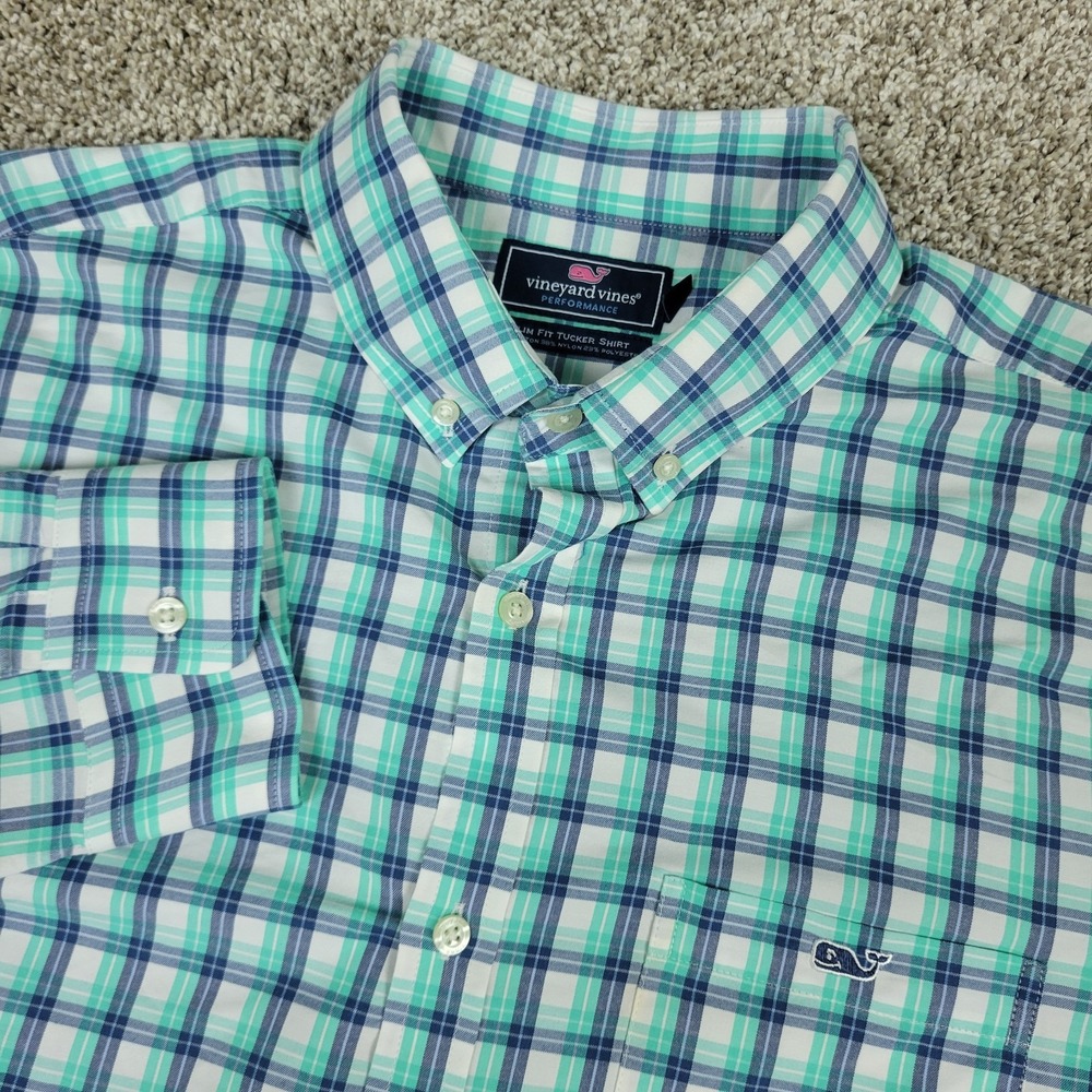 Vineyard Vines Performance Slim Fit Tucker Mens Large Blue Plaid Button Down LS